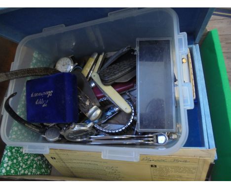 Mixed box of dress jewellery in old jewellery box, chains, brooches, chains, tie clips and cufflinks together with a box of o