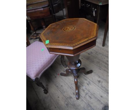 Nice octagonal sewing box decorated in various woods to top inset with sewing boxes and threads on central decorative stand a