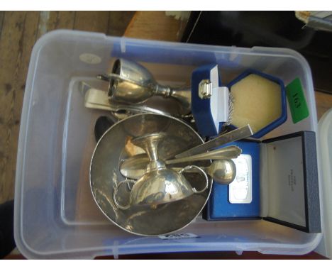 Collection of silver plate items, spoons, Franklin Mint solid silver token and silver ingot