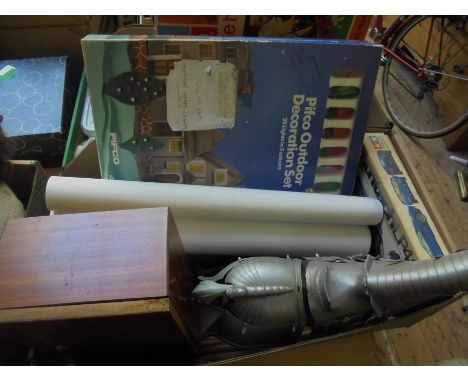 Mixed box containing plastic model of a Knight on Horseback, Tamiya plastic model Airfix kit and wooden box with collectors' 