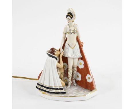 Art Deco ceramic lamp with decor Pierrot and Colombine Art Deco keramieken lampje met decor Pierrot en Colombine H 24 cm