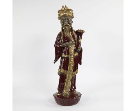 Glazed ceramic statue of a Chinese sage Geglazuurd keramieken beeld van een Chinse wijze H 65 cm