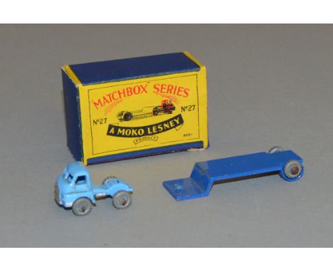 A scarce model from the Matchbox 1-75 Regular wheel range, 27a Bedford Articulated Lorry with light blue cab and dark blue Tr