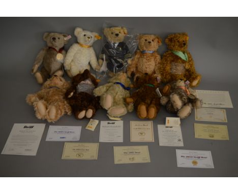 10 unboxed Steiff bears which includes 2002, 2005, 2008, 2017 bears etc, mostly come with certificates (10).