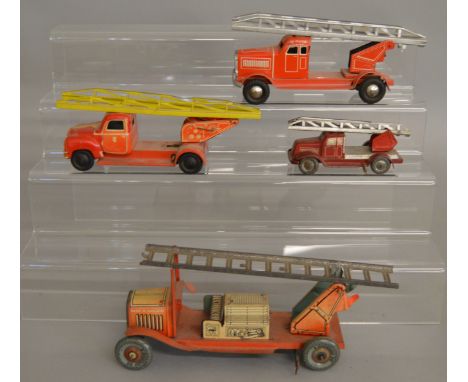 4 unboxed vintage tinplate Fire Engine models including one unbranded marked 'Made in U.S.Zone Germany' to base, one by Tipp 