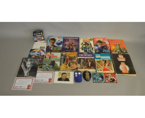 A quantity of Dr Who related items including vintage Annuals and other publications, boxed Dr Who Trivial Pursuit questions a