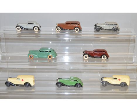 8 unboxed Dinky Toys including 36c Humber, 39e Chrysler Royal Sedan&nbsp; and 2 x 30F Ambulance models. Models have varying d