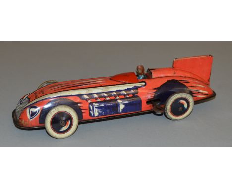 An unboxed Wells Brimtoy vintage tinplate 'Land Speed Record Car', with operational clockwork mechansim and fixed key, overal