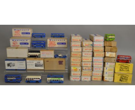 44 boxed OO scale white metal Bus and Coach kits by Westward, Pirate and others, all of which have been built and painted in 