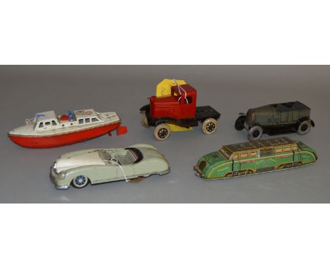 4 unboxed vintage&nbsp; tinplate toys including a clockwork Sutcliffe boat 'Jupiter', a Joyax (France) Locomotive and two veh