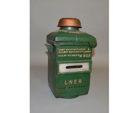 A vintage LNER cast iron Railway Lamp manufactured by Lamp Mfg &amp; Rly Supplies Ltd (London) painted green with wording pic