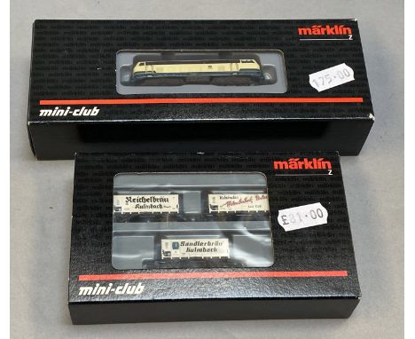 Z Gauge. EX SHOP STOCK. A boxed Marklin 88786 DB Class 218 Diesel Locomotive together with 86395 DB set of three Beer Wagons,
