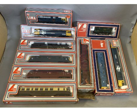 OO Gauge. 10 boxed Lima Locomotives including 7 Diesels, a GWR Railcar, a 2-6-0 BR black Steam Locomotive with Tender '42700'