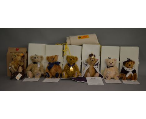 7 boxed Steiff bears; The Steiff Story, Henry VIII, Diana 50th Birthday, Queen Elizabeth Jubilee, Queen Elizabeth Golden Jubi