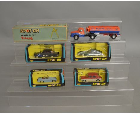 5 boxed Tri-ang Spot On models, 106A/1 Austin Prime Mover, missing the Flat Sided Trailer but with a Tanker Trailer, 217 Jagu