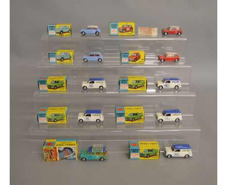 10 boxed Corgi Toys, all variations of the Austin/Morris Mini, including 225 Austin Seven, 2 x 226 Morris Mini Minor, 317 Mon