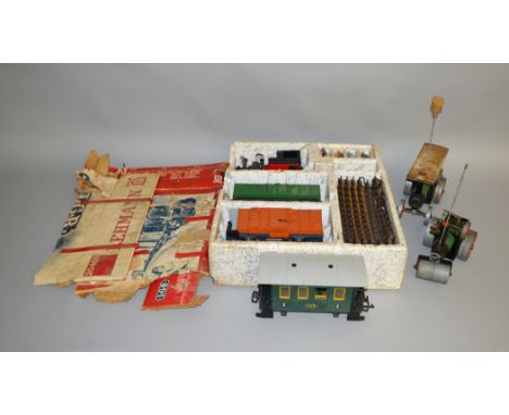 G Gauge. A boxed Lehmann LGB #20401 Goods Set containing Locomotive, Closed Van, Open Truck, track sections and four figures,