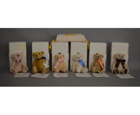 6 boxed Steiff bears; The Queens 90th Birthday, Royal Baby Charlotte, Royal Baby George, God Save The Queen, Catherine, Willi
