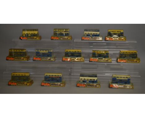 13 boxed Dinky Toys Atlantean Bus models including 11 x 291 Atlantean City Bus and 2 x 295 Atlantean Bus. All of the models h