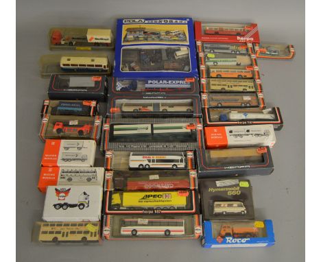 29 boxed 1:87/HO scale Plastic Vehicle models and sets by Herpa, Wiking etc, including a Pola #140 Scrapyard Diorama. All app