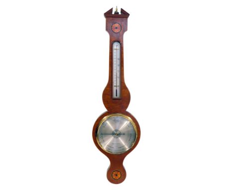 A late 20thC Negretti &amp; Zambra aneroid barometer, with inlaid sunburst paterae, thermometer and silvered dial, 98cm high.
