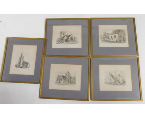 Five architectural prints of churches.