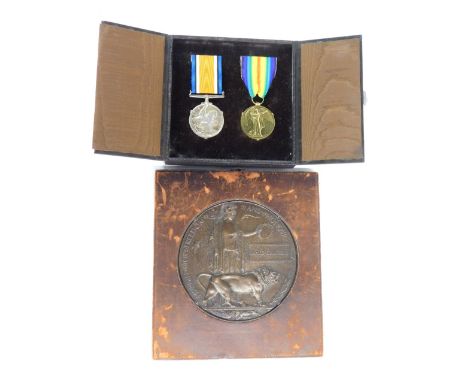 British War and Victory Medals, cased, plus a Memorial Plaque, framed, to S/40141 Pte. James Campbell 8th Bn Argyll and Suthe