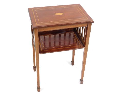 An Edwardian galleried side table, the parquetry inlaid top inscribed Sandringham, with a lower tier shelf, on dart moulded l