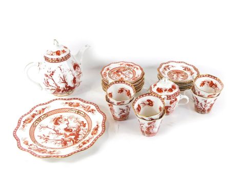 A Coalport Indian Tree Coral pattern part tea service, comprising six cups and saucers, six side plates, cake plate, sugar bo