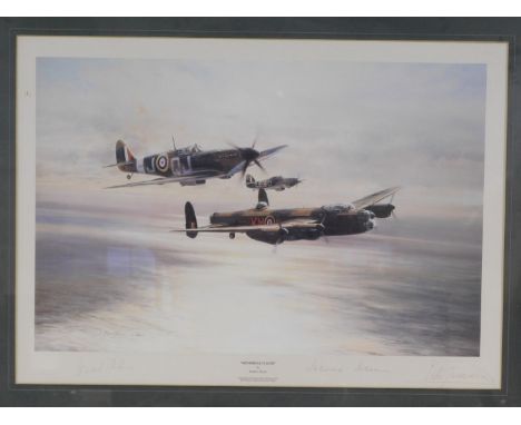 After Taylor. Memorial Flight, Spitfire Hurricane and Lancaster, signed by Leonard Cheshire, Johnny Johnson, etc., print, 36c
