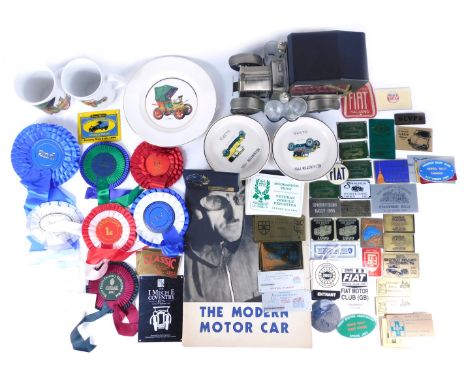 A group of automobilia related trophies, cups, plates and badges, Yorkshire Motoring Festival, ribbons and others, and a nove