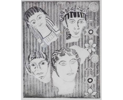 20thC School. Faces and flowers, etching, unsigned, 19cm x 15cm, framed and glazed. 