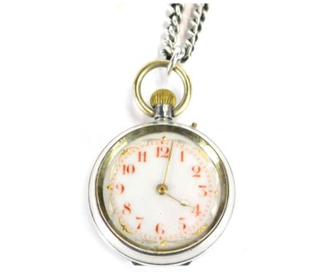 A silver fob watch, with a white ceramic dial with red numeric border with gold and silver coloured mounts, on bezel wind, Ch