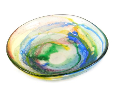 A Murano glass dish designed by Sylvio Bou, with trailing green, red, blue and yellow decoration, with air bubble inclusions,