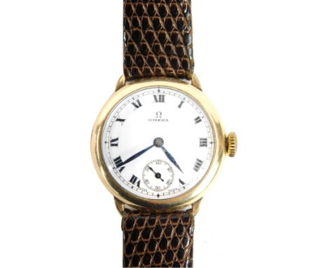 An Omega 9ct gold gents wristwatch, with a circular watch head with white enamel Roman numeric dial, with blue hands and seco