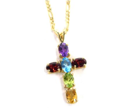 A 9ct gold multi stone crucifix pendant and chain, set with amethyst, aquamarine, garnet, citrine and peridot, 2.5cm high, 50