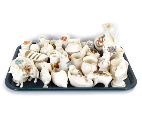 Goss and crested china, including an egg timer, Arms of King's, collie dog Arms of Norwich, standing frog, Arms of Southend o