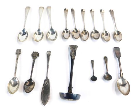 A group of white metal cutlery, spoons, ladle, butter knife, some hallmarked, 6.18oz gross. 