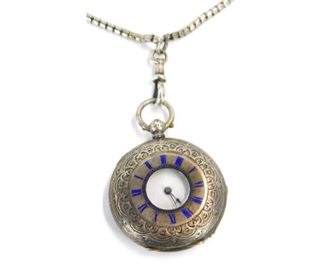 A Victorian Continental silver half Hunter fob watch, with a white enamel dial and a blue enamel Roman numeric outer case, by