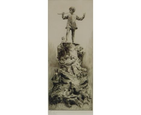 Richard George Matthews (1870-1955). Peter Pan statue, signed etching, 38cm x 17cm.