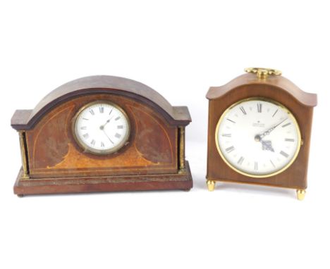 An Edwardian mahogany and burr walnut mantel clock, circular enamel dial bearing Roman numerals, clockwork movement by Duverd