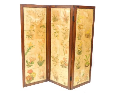 A three fold scrap screen, with panels of floral book plates, each panel 151cm high, 54cm wide, 2cm deep. (AF) 