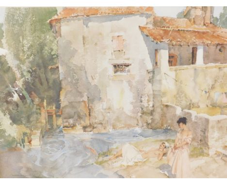 After Sir William Russell Flint. Two nude females in Continental landscape, signed coloured print and guild stamp, limited ed