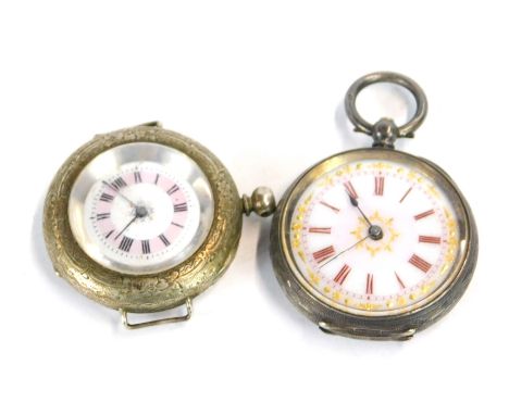 Two watches, comprising a Victorian fob watch with white enamel dial, with red Roman numerals and gilt borders with black han