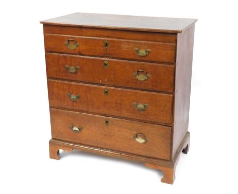 An early 19thC oak chest, of four long drawers, with brass handles, on bracket feet, 97cm high, 90cm wide, 52cm deep. 