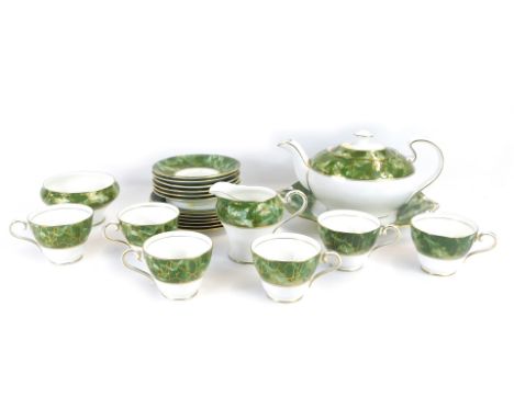 An Aynsley onyx Green pattern porcelain part tea service, comprising teapot, bread plate, cream jug, sugar bowl, six teacups,