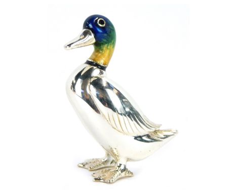 A silver and enamel figure of a Mallard, Sheffield 2006, 4.5cm high.