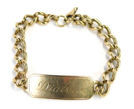 A 9ct gold identity bracelet, with central panel inscribed diabetic, on curb link with clip clasp, 20cm long, 26.8g. 