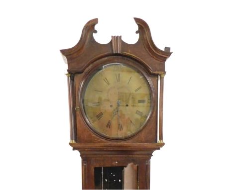 R Seaton. A Georgian oak longcase clock, circular brass dial with engraved floral and rococo scroll decoration, chapter ring 