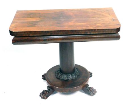 A William IV mahogany card table, with canted corners, on a moulded support, with column base, terminating in ball and claw f